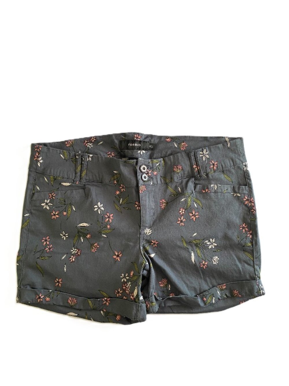 Torrid Women's Size 18 Pink & White Floral Print Gray Chino Shorts with Cuffs